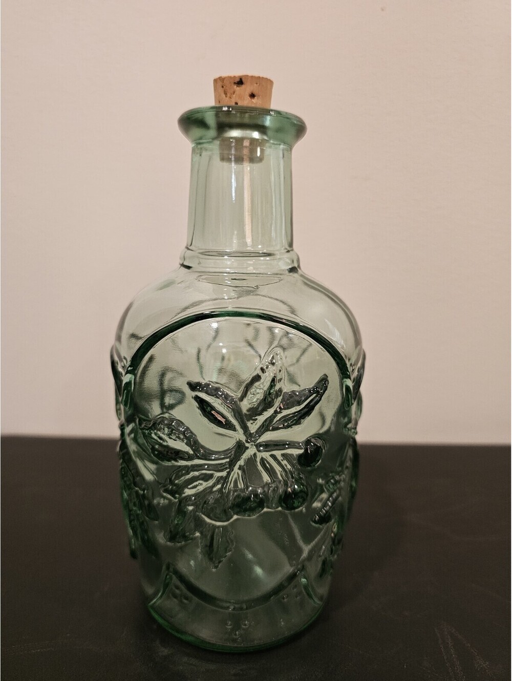 Green Glass Fruit Decanter Bottle Vintage Strawberry Grapes Cork Top